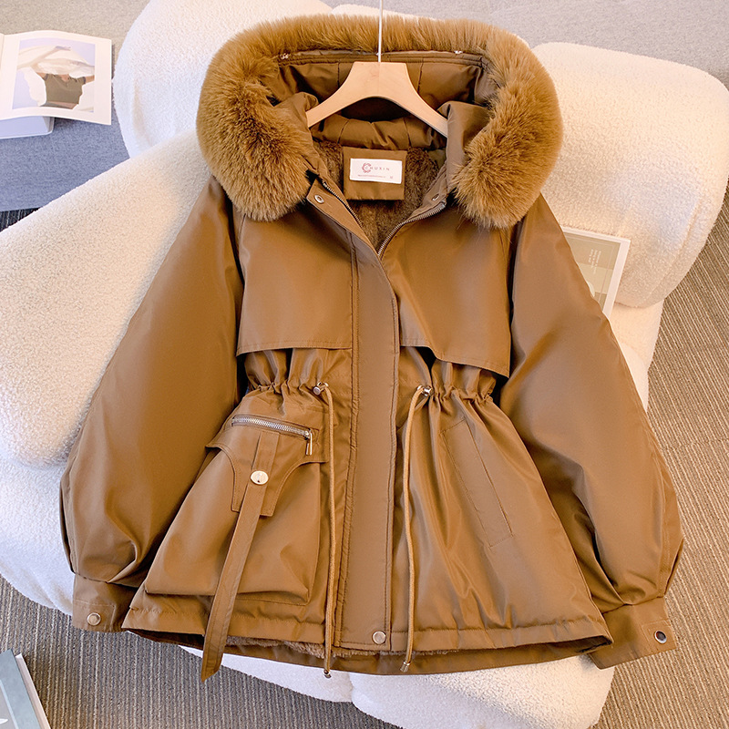 Forrado de lana gruesa Chaqueta de algodón acolchado de las mujeres de invierno cintura apretada cuello de piel grande ropa de trabajo chaqueta acolchada de algodón chaqueta caliente pequeña ropa de parka de estilo occidental image 8