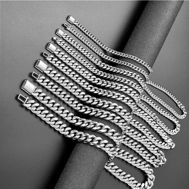 chain necklace, men's titanium steel high-end jewelry, women's flip button lock bone Cuban chain, coarse style_voghion.com