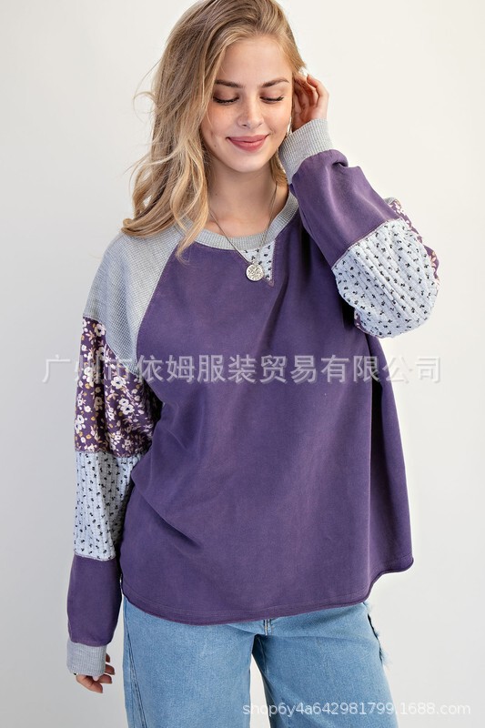 Amazon 25秋の新作クロスボーダーヨーロッパとアメリカの服花柄ステッチコントラストカラートップTシャツルーズカジュアルスウェットシャツ|undefined