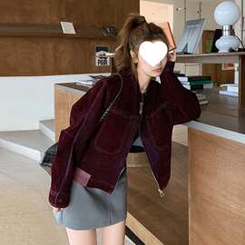 J7H酒红色复古绒面牛仔外套女春秋2025新款时髦炸街高级感短款夹
