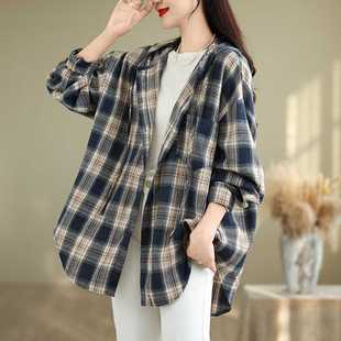Real Shot of 2024 New Autumn Cotton and Linen Large Size Artistic Plaid Long-Sleeved Hooded Shirt