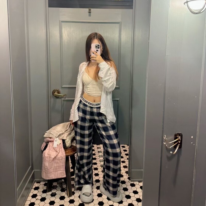 American Hollister Small Seagull Plaid Letter Web Casual Pants Pajamas Versatile Plaid Pants for Women Autumn and Winter