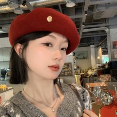 日系复古毛呢红色云朵贝雷帽女大头围显脸小气质文艺百搭画家帽子