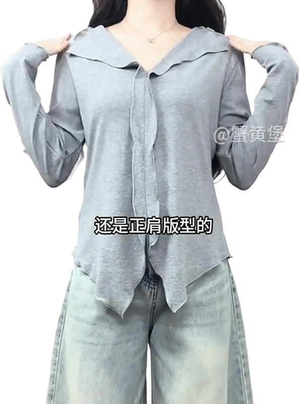 设计感v领正肩长袖t恤女秋季大码胖mm遮肚显瘦打底衫开叉翻领上衣|undefined