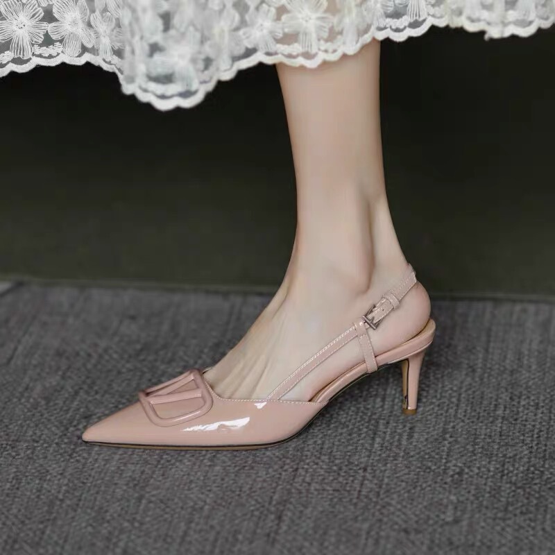 2025 Nude High-Heeled Shoes for Women, Patent Leather Ol Commuting Pointed Toe Stiletto Shoes, Closed-Toe Sandals, V-Brand Closed-Toe Sandals