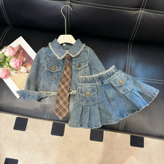 女童套裝2023春季新款百搭韓版牛仔外套+牛仔半身裙兩件套 L55112