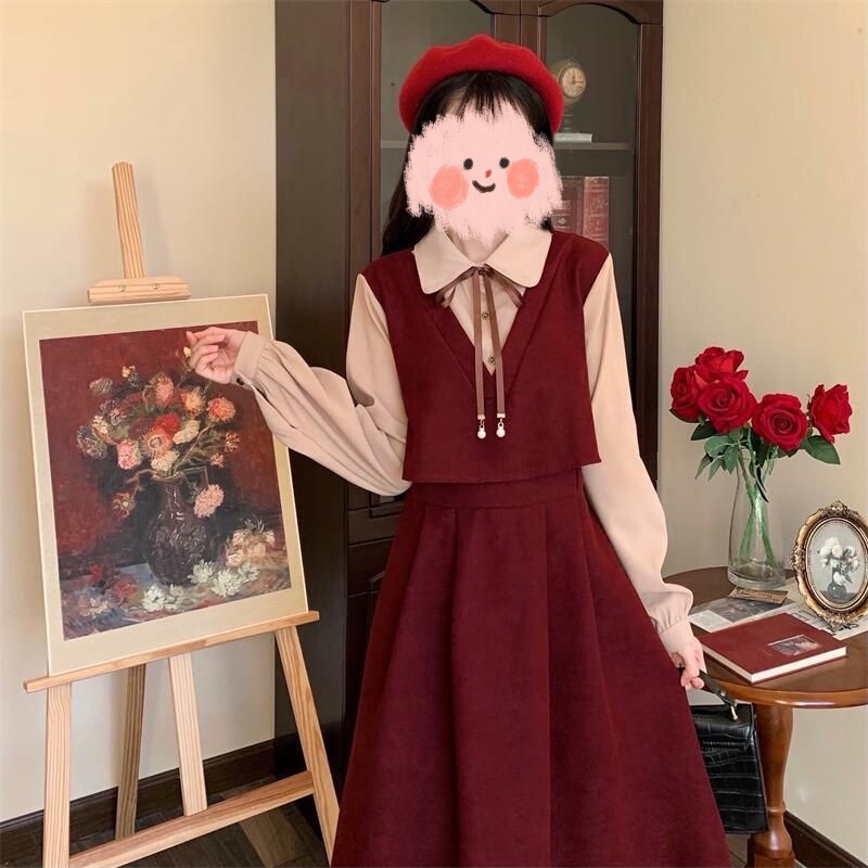 【Twill Corduroy】Women's Winter New French Style Dress with a New Feel, Elegant and Youthful Long Dress with Waist-Cinching Design, Faux Two-Piece