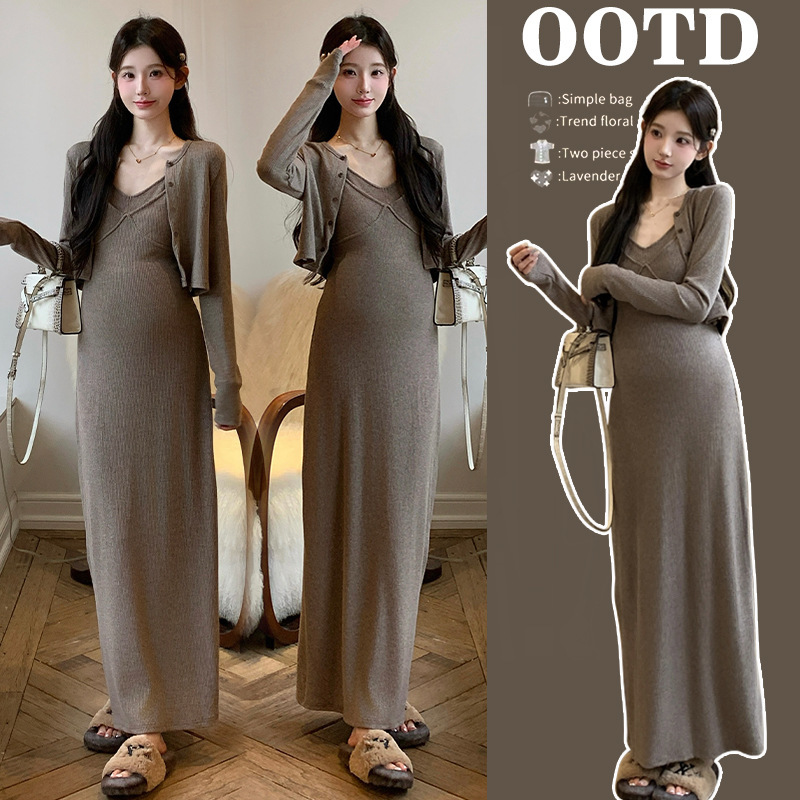 Real Shot of Pregnant Women's Autumn and Winter Suit Slimming Look Long Dress 2-Piece Fishtail Suit Skirt Mocha Black Spandex
