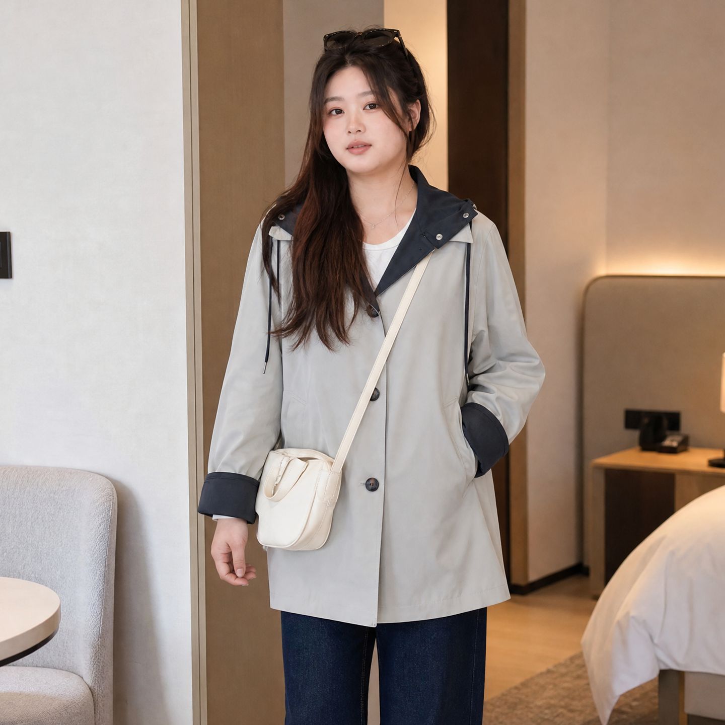 Plus-size women's faux two-piece color-block hooded trench coat, 2026 autumn new model, with foldable dual-wear cuffs, jacket 335340