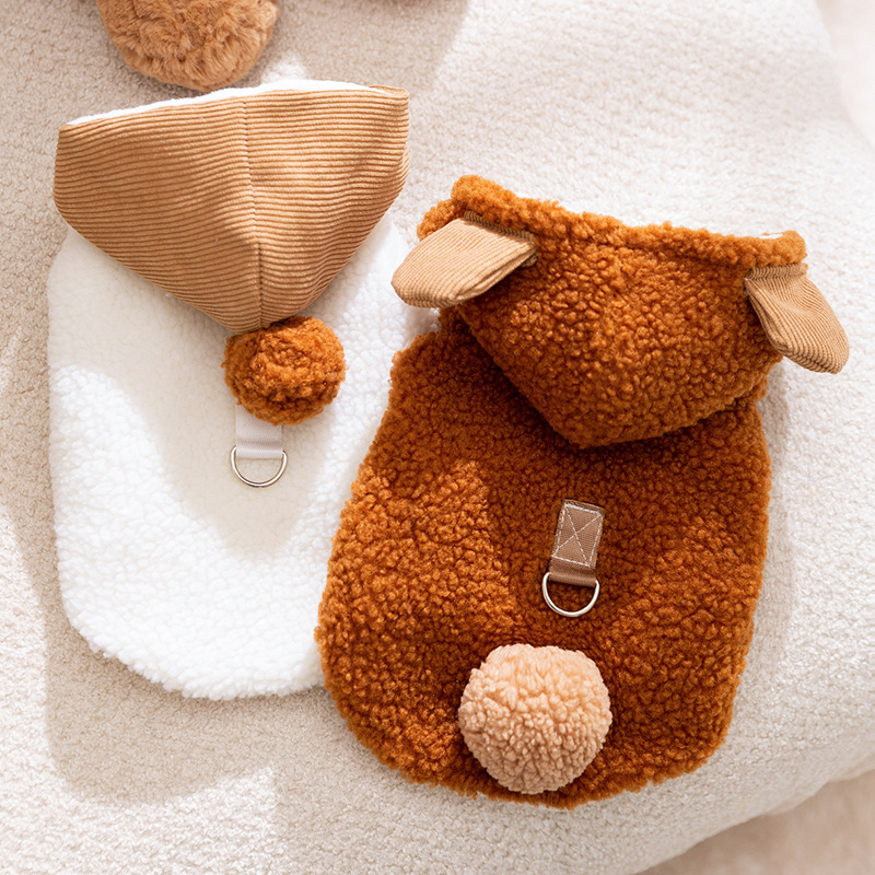 Otoño y invierno estilo coreano gatos lindos animales sin mangas tracción chaqueta de peluche con sombrero perros pequeños bolas de ropa de mascotas