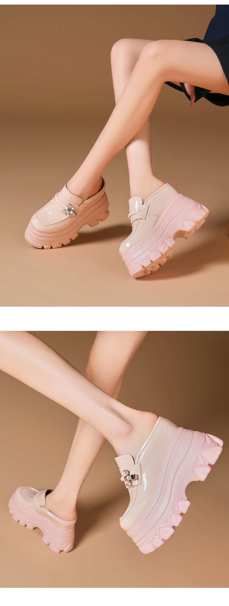 Sandal cao gót nữ mũi hở đế xuồng platform da bóng gót 12 cm — màu đen chi tiết 6