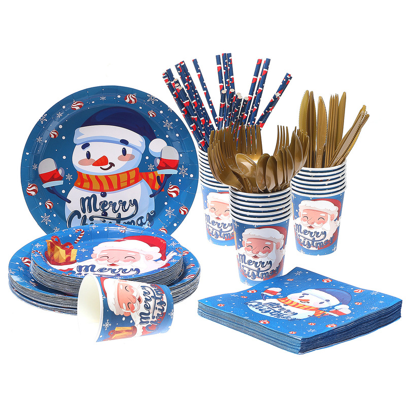 New Cross-Border Blue Christmas Paper Plate Series Disposable Snowman Paper Plate Tissue Set Party Plate