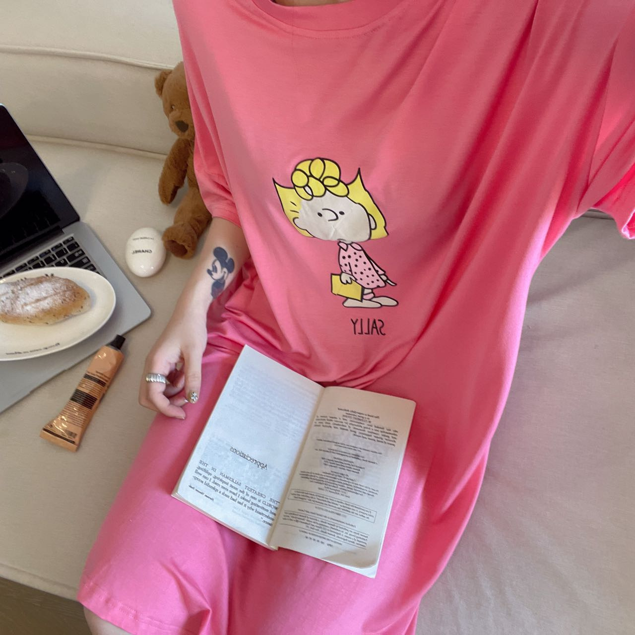 Pijama de verano lindo dibujos animados moda vestido de pijama de mangas cortas para mujeres delgado fresco estudiante vestido larga suelta ropa para el hogar