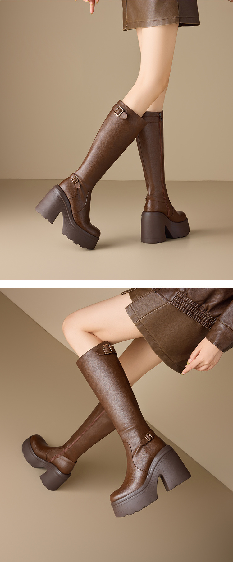 Boot nữ cổ thấp gót dày 12 cm phong cách Anh, đi xe máy — nhung nâu chi tiết 4
