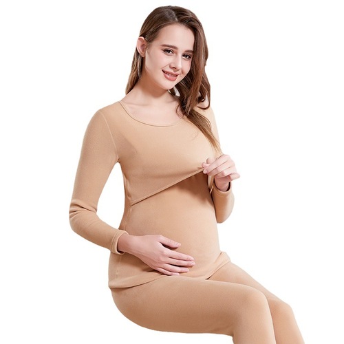 One-piece warm and thick thermal underwear set for pregnant women, autumn top and bottom with breastfeeding function, postpartum clothing 665