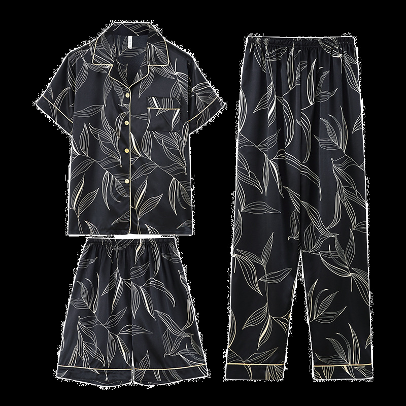 Pijamas japoneses ins pijamas hombres de seda de hielo de verano de manga corta casual de alta calidad de seda real de los hombres desgaste del hogar traje de tres piezas