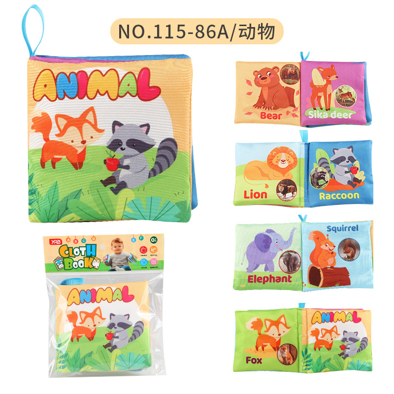 Cuatro libros de tela tridimensionales transfronterizos para bebés juguetes de educación temprana 4 caras 8 páginas en inglés libros de palma de alimentos y cognición animal libros de tela para bebés