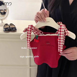 TIMO Korean Children's Wear Girls' Suit Ins Cherry Embroidered Sling Summer New Baby Outer Wear Shorts Two Pieces