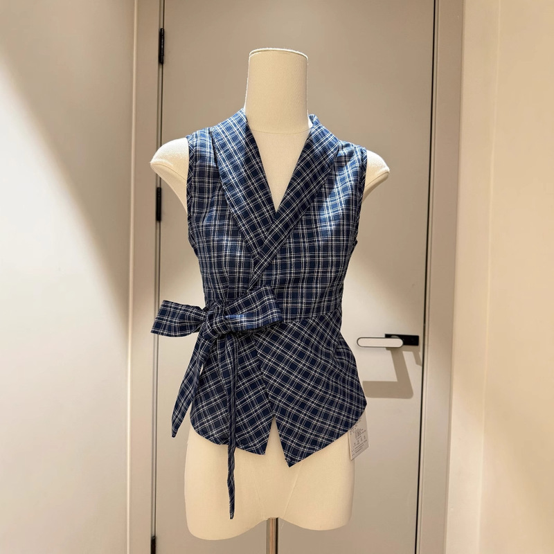 French V Neck Bow Tie Blue Plaid Shirt Vest for Women Summer Sexy Outer Wear Slim Sleeveless Top