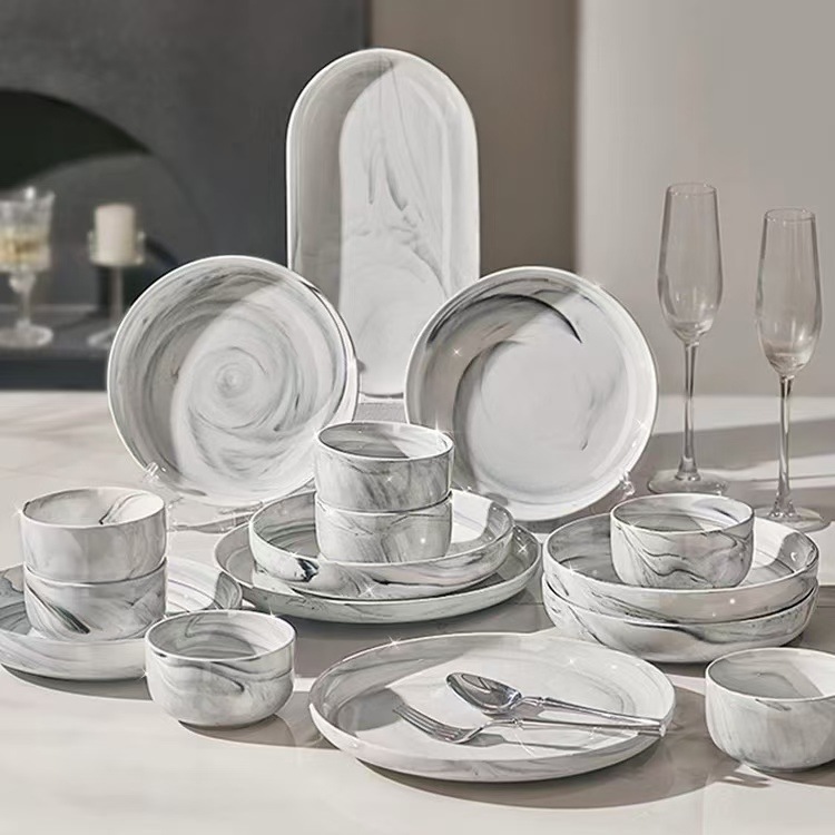 Inicio 2024 nuevo juego de vajilla y platos mármol borde plateado combinación de platos de lujo ligero plato de arroz único