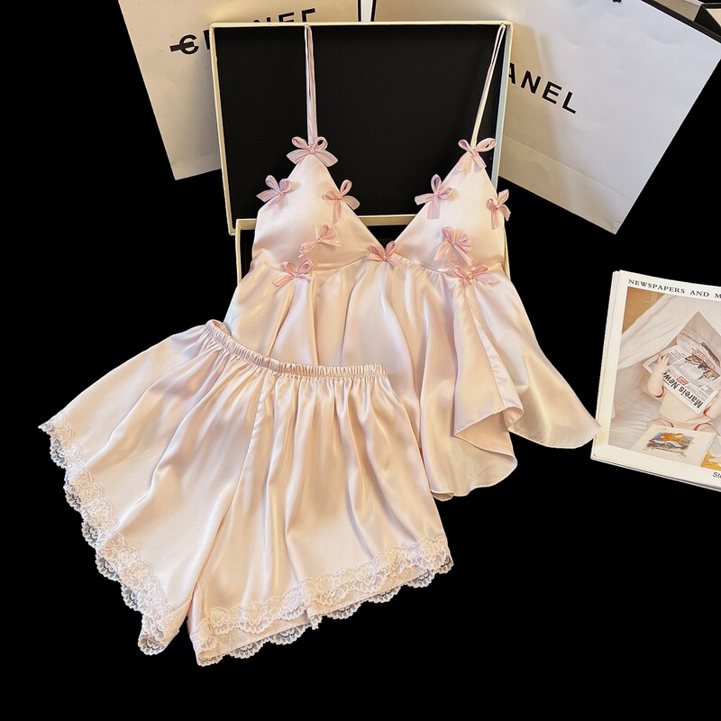 Summer Pajama Set, Sexy Suspender Shorts, Solid Color Bow, Sweet Two-Piece Pajamas with Breast Pads, Home Wear