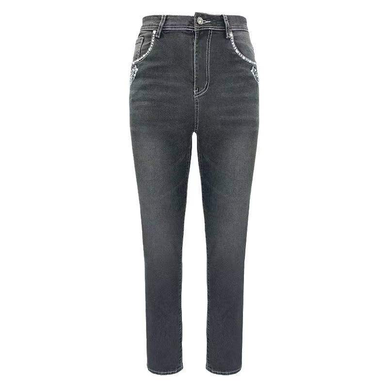 Women's Slim Straight Leg Denim Trousers Stretchy Smoky Gray Embroidery Rhinestones Detail Relaxed Everyday Wear Versatile Comfortable Feshion Trend_mkmklike.com