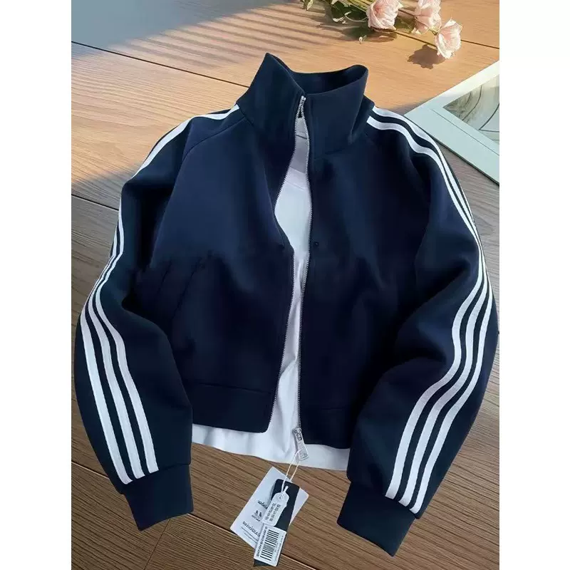 春秋季百搭潮流三道杠条纹卫衣外套男重磅立领棒球服短款运动夹克