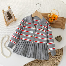 儿童毛衣套裙秋冬新款女宝宝反领针织两件套韩版条衫套裙外贸学院