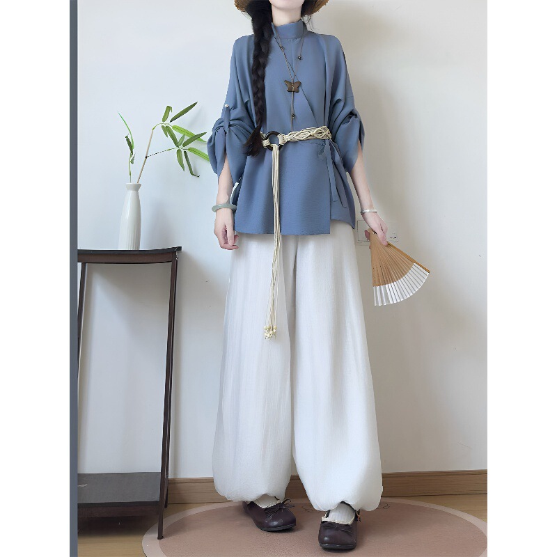 Luozhu Hanfu [Yanqiu] original Hanfu Jin-style curved collar robe, unisex, all-season cloud cotton curved collar shirt