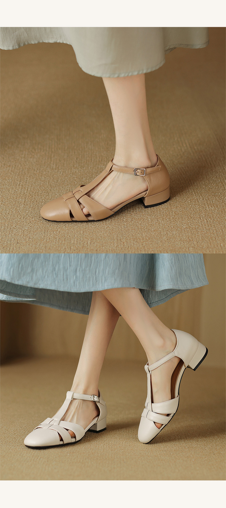 Sandal nữ bít mũi khóa chữ T phong cách La Mã cổ điển, gót thấp — Màu trắng be chi tiết 10