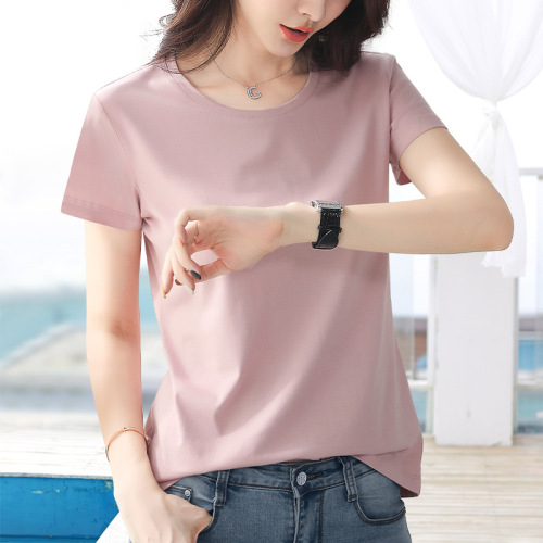 Women's Summer Straight Short-Sleeve T-Shirt in Bare Pink, Plus-Size Basic Top with Pure Color Small Round Collar