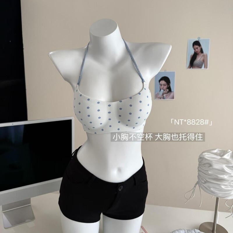 Mini polka dot invisible neckline seamless bra for women with small breasts, enhancing and expanding the bust, with thin straps and thick padding