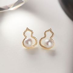 【唐トン娘】クラシックひょうたん天然真真珠蚊帳耳クリップシンプルな気質無耳洞耳飾り女