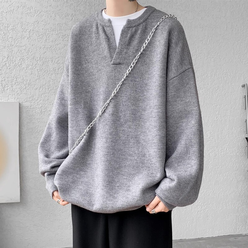 Grey V-neck Sweater High-grade Men's Winter Korean Style Laid-back Loose Casual Knitted Sweater Pullover Warm Shirt