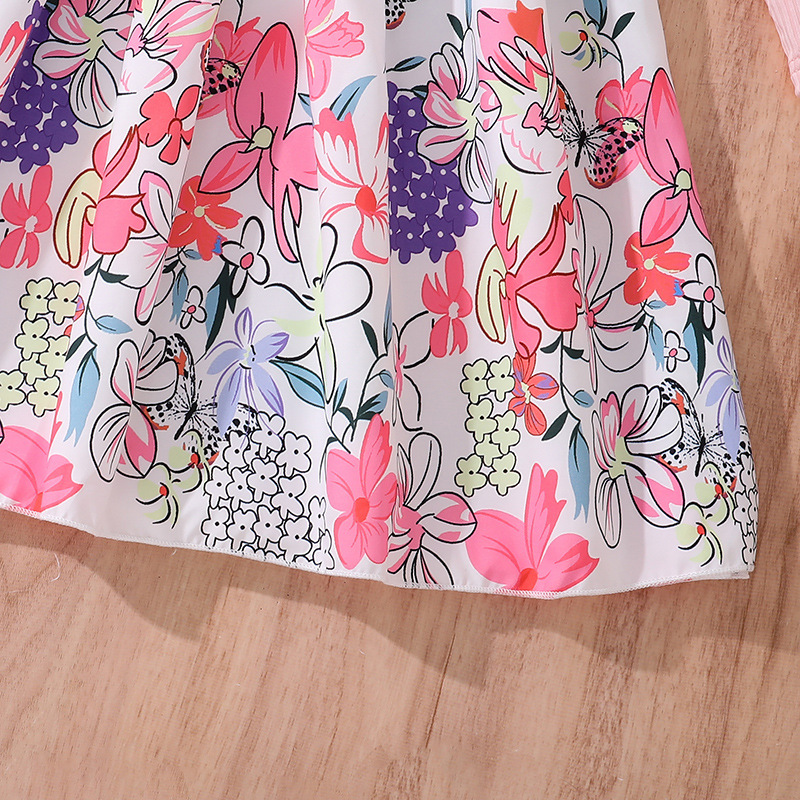 INS Girls' Autumn New Mid to Large Children's Long Sleeve Pit Strip Splicing Flower Butterfly Printed Dress_voghion.com