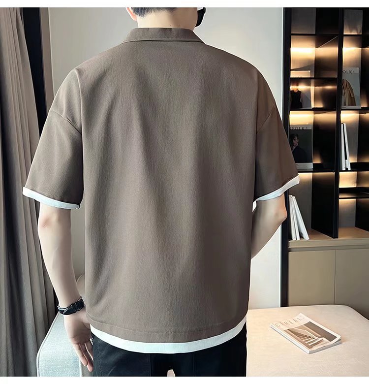 2022 verano Nueva solapa camisa de Polo de manga corta de los hombres de media manga simple suelta de moda delgada de seda de hielo top del todo-fósforo