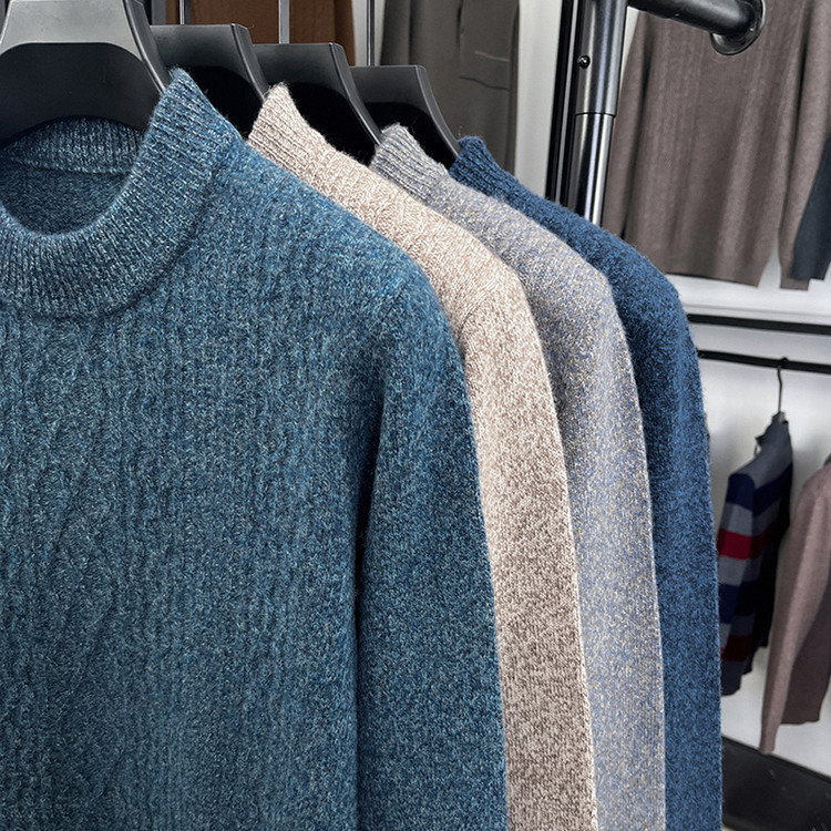 Comercio exterior lujo de alta calidad 100% suéter de oveja color sólido cuello redondo marea Jacquard hombre engrosado suéter de invierno de manga larga