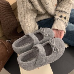 小香风蝴蝶结灰色毛呢内增高加绒勃肯鞋子女厚底玛丽珍浅口毛毛鞋