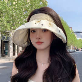 大帽檐贝壳空顶帽子女夏季甜美蝴蝶结防晒遮阳帽显脸小沙滩太阳帽