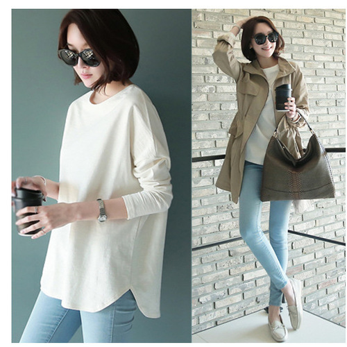  Autumn New Korean Style Hip-Hugging Slit Solid Color Medium-Sleeve Long-Tee Loose T-Shirt BF Trend Top