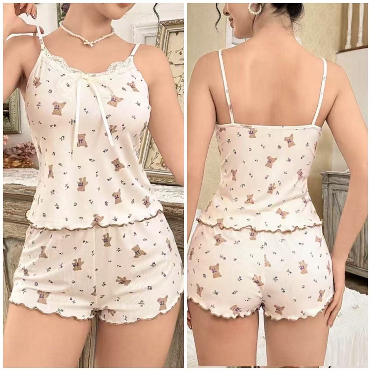 European and American Style Sexy Suspender Cartoon Bear Pajamas Women's Suit Summer New High-End Splicing Lace Home Clothes