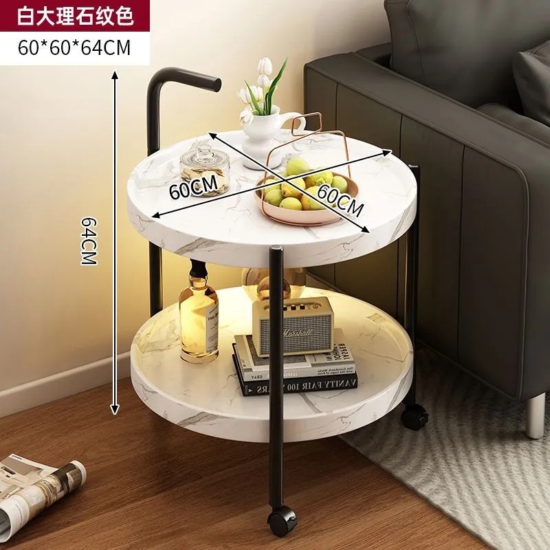 바퀴가 달린 2겹 원형 대리석 흰색 60*60*64