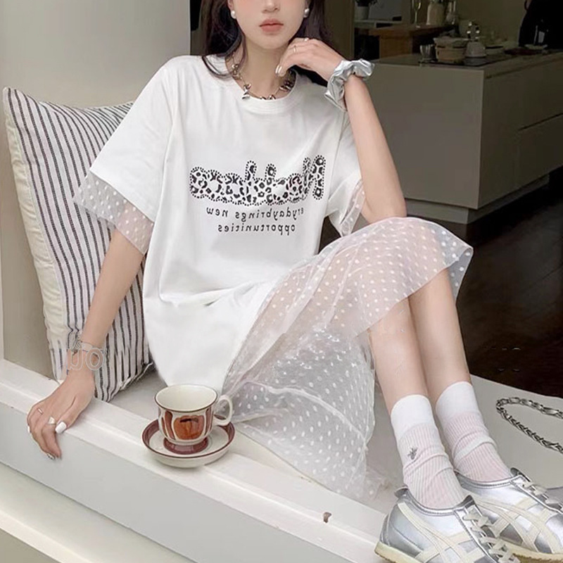Korean chic2024 Summer New Loose Casual ShorT-sleeved T-shirT PaTchwork Lace SkirT Fashionable T-shirT Dress
