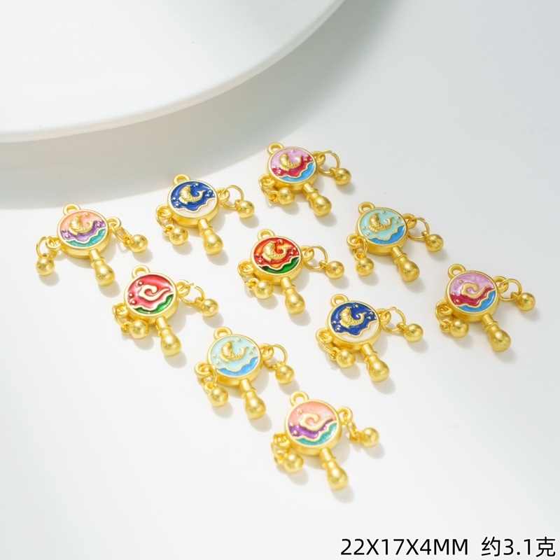 沙金保色双面锦鲤拨浪鼓吊坠配件DIY祥云铃铛长命富贵锁饰品挂件|undefined