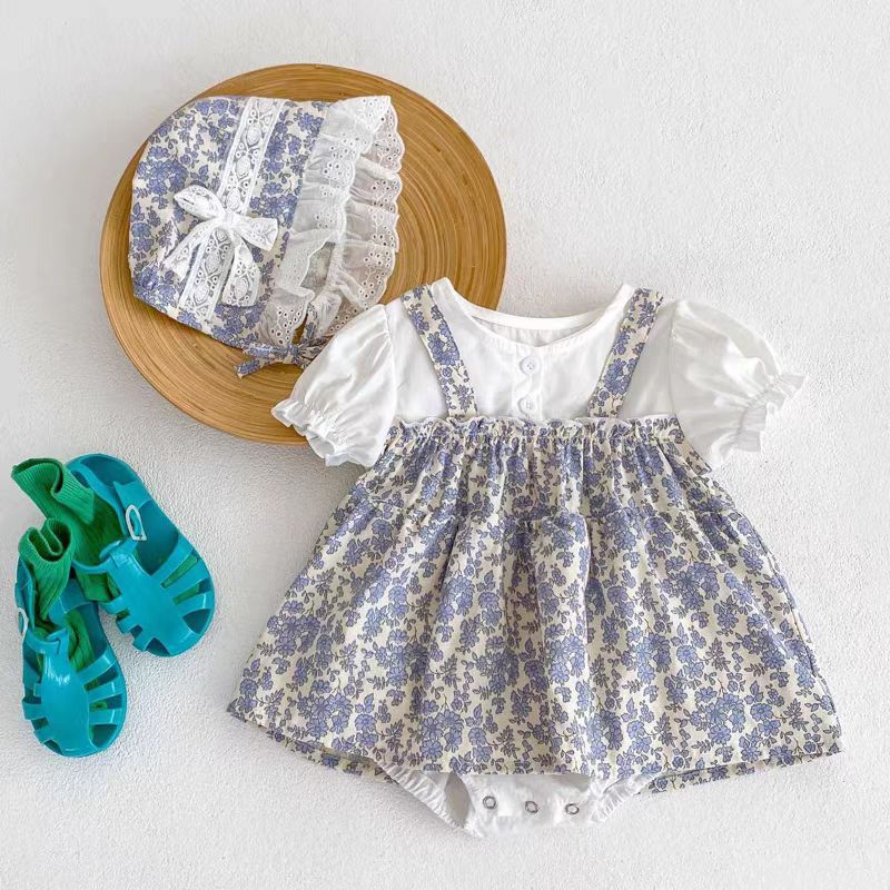 Primavera y verano vestido de mameluco floral para bebés, traje de escalada de manga corta para bebés y niños pequeños, abrigo de pedo para recién nacidos, mameluco triangular de cien días