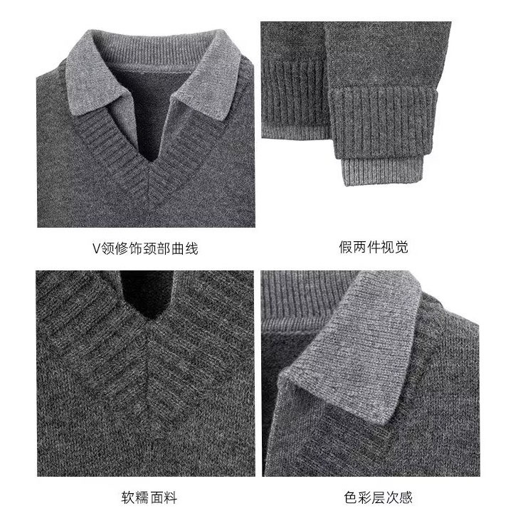 Suéter de Punto para Hombre Efecto Dos Piezas de Poliéster Transpirable Manga Larga para Otoño e Invierno image 4