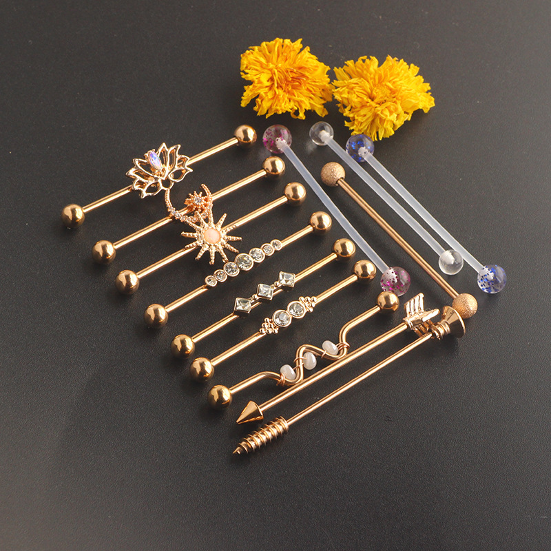 18K Gold Industrial Barbell Ear Studs 14G Double Ear Piercing Ear Bridge Flower Earrings 13Pcs detail image 7