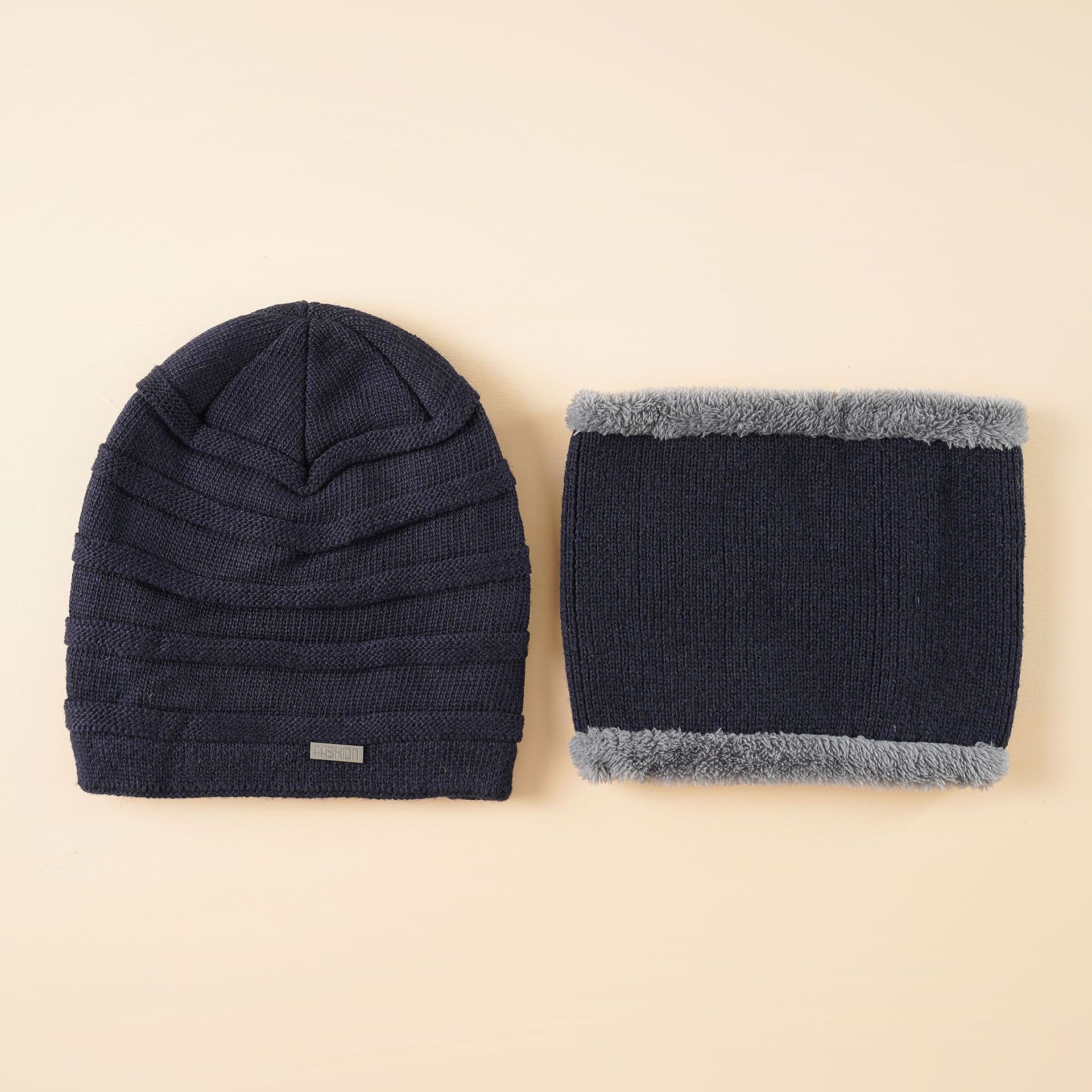 Sombrero de lana de invierno para hombre forrado de lana engrosado sombrero de color sólido bufanda de dos piezas cálido ciclismo cuello de sombrero de punto para hombres