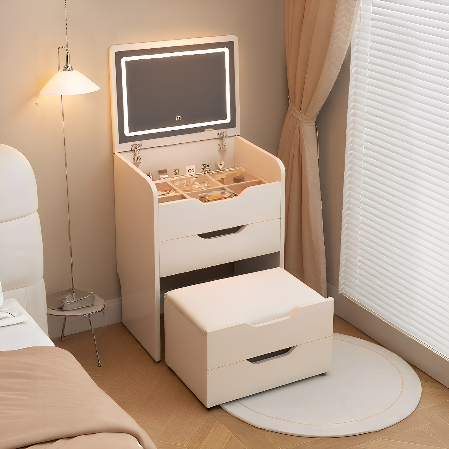Tablero de vestir con espejo de almacenamiento en una pequeña mesa de maquillaje de dormitorio, mini tablero de cabecera de cama de hendidura estrecha.