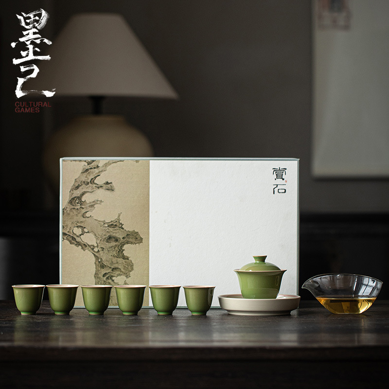 Moji antique complete set of tea sets in gift box, bamboo green antique tea set set for tea room, complete set of covered bowl set